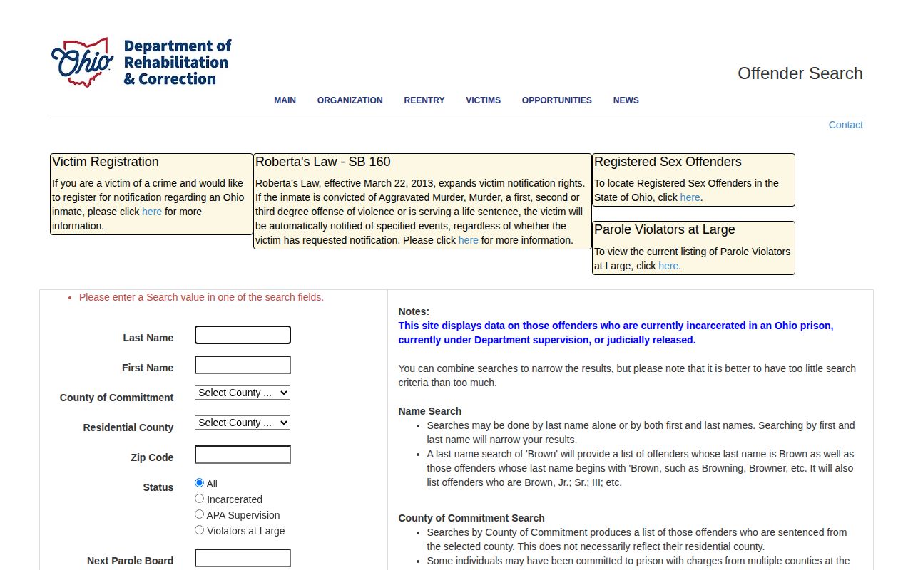 ODRC Mercer County released offender and supervision search fields